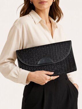 Vintage 70s Pierre Cardin Black Monogram Leather Trim Clutch Large